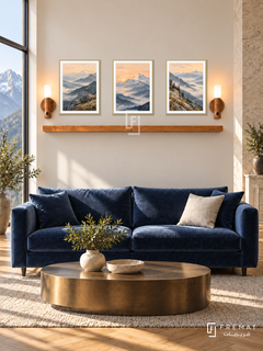 FREMAT Mountain Light shelf set with three 30 x 40 cm gold frames, 2 cm white borders, honey wood shelf and two warm sensor lamps. Morning elegant mountain reception, cream wall, deep blue velvet sofa, bronze oval table, oak parquet, large bright window left, limestone column right.