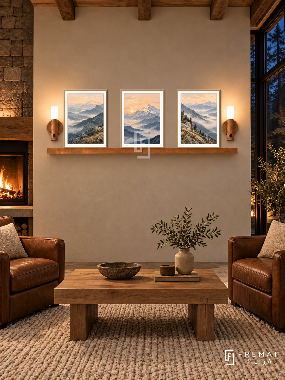 FREMAT Mountain Light shelf set with three 30 x 40 cm wooden texture frames, 2 cm white borders, honey wood shelf and two warm sensor lamps. Night warm lodge lounge, light beige plaster, tobacco leather armchairs, oak rectangular table, chunky wool rug, forest glazing right, exposed timber ceiling.