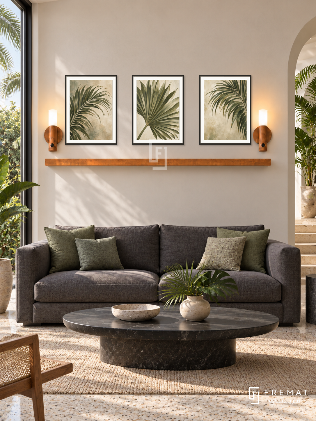 FREMAT Palm Reverie shelf set with three 30 x 40 cm black frames, 2 cm white borders, honey wood shelf and two warm sensor lamps. Morning tropical modern living room, pale sand wall, charcoal linen sofa with green cushions, black stone oval table, terrazzo, palm garden window left, white arch right.