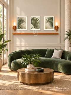 FREMAT Palm Reverie shelf set with three 30 x 40 cm gold frames, 2 cm white borders, honey wood shelf and two warm sensor lamps. Morning elegant tropical reception, cream panelling, emerald curved sofa, bronze circular coffee table, oak floor, French doors left and stone column right.