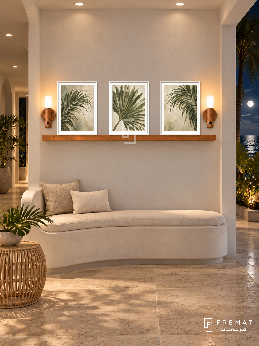 FREMAT Palm Reverie shelf set with three 30 x 40 cm white frames, 2 cm white borders, honey wood shelf and two warm sensor lamps. Night coastal tropical corridor, ivory plaster, curved white bench, pale rattan side table, limestone tiles, moonlit palm terrace right, recessed ceiling lights.