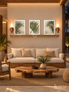 FREMAT Palm Reverie shelf set with three 30 x 40 cm wooden texture frames, 2 cm white borders, honey wood shelf and two warm sensor lamps. Night island modern lounge, warm beige wall, teak sofa with ivory cushions, low live edge timber table, jute rug, palm glazing right, slatted ceiling.