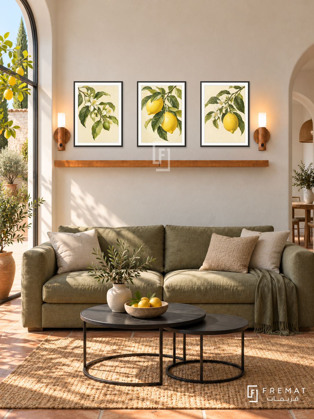 FREMAT Lemon Grove shelf set with three 30 x 40 cm black frames, 2 cm white borders, honey wood shelf and two warm sensor lamps. Morning bright Mediterranean lounge, pale cream wall, olive sofa, black nesting tables, terracotta floor, lemon courtyard through left glazing, rounded doorway right.
