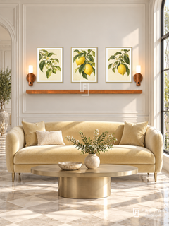 FREMAT Lemon Grove shelf set with three 30 x 40 cm gold frames, 2 cm white borders, honey wood shelf and two warm sensor lamps. Morning refined sunny salon, ivory moulding, pale yellow velvet settee, champagne oval coffee table, chequered pale stone floor, tall window right.