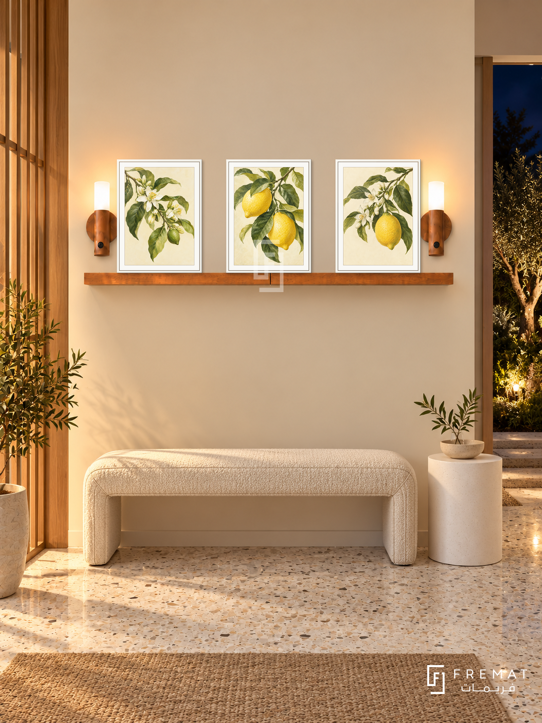 FREMAT Lemon Grove shelf set with three 30 x 40 cm white frames, 2 cm white borders, honey wood shelf and two warm sensor lamps. Night fresh modern entrance, soft lemon wall, ivory upholstered bench, white cylindrical table, terrazzo, dark garden right, oak screen left.