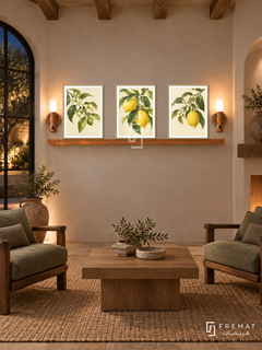 FREMAT Lemon Grove shelf set with three 30 x 40 cm wooden texture frames, 2 cm white borders, honey wood shelf and two warm sensor lamps. Night rustic Mediterranean sitting room, cream limewash, walnut lounge chairs with sage cushions, square oak table, woven rug, courtyard window left, timber beams.