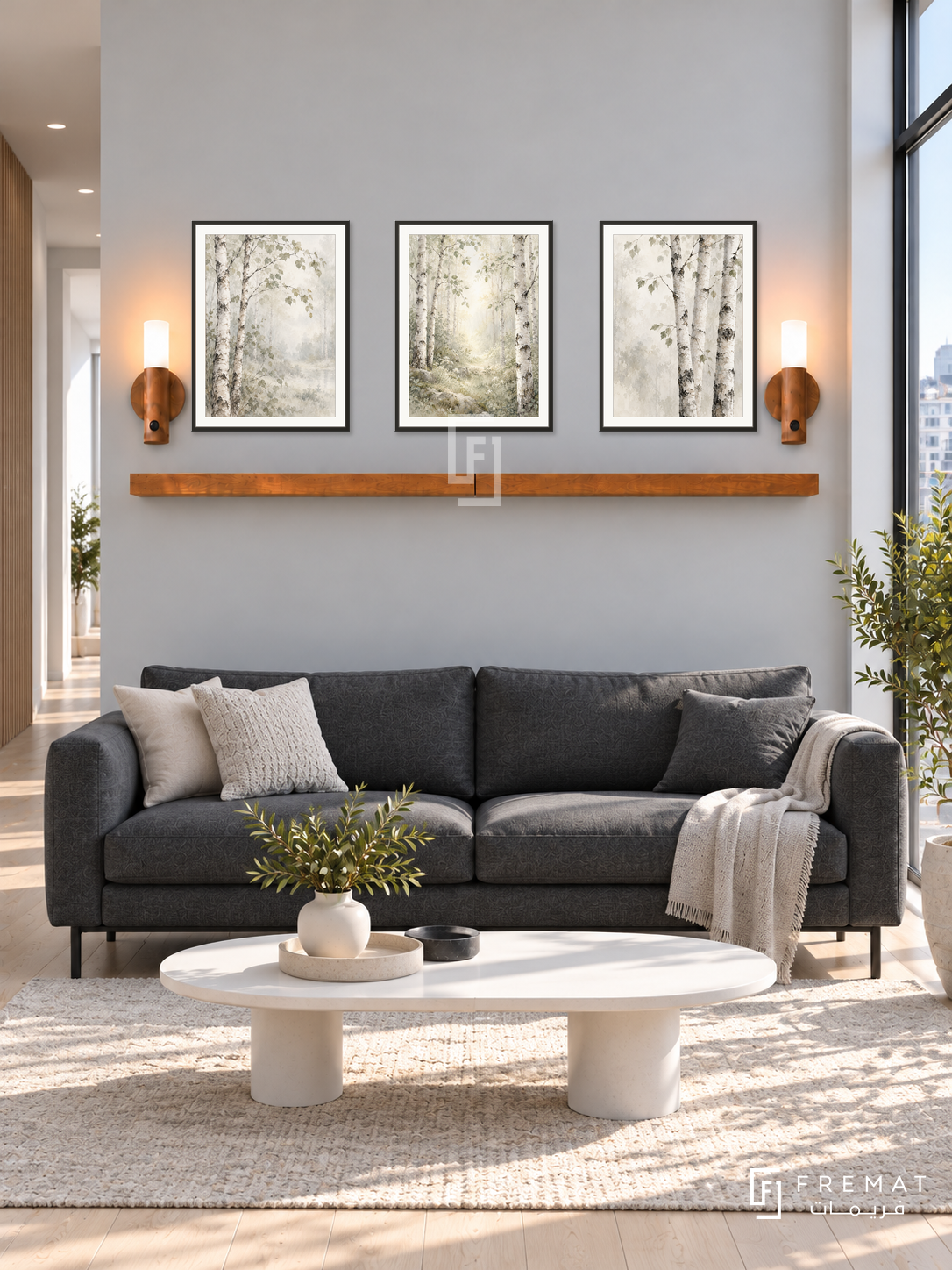 FREMAT Birch Whisper shelf set with three 30 x 40 cm black frames, 2 cm white borders, honey wood shelf and two warm sensor lamps. Morning Scandinavian city lounge, pale grey wall, charcoal sofa on slim black legs, white oval table, light birch floor, broad window right, corridor left.