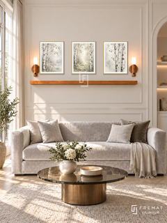 FREMAT Birch Whisper shelf set with three 30 x 40 cm gold frames, 2 cm white borders, honey wood shelf and two warm sensor lamps. Morning elegant contemporary salon, cream panelled wall, silver velvet sofa, bronze glass table, pale parquet, French doors left and alcove right.
