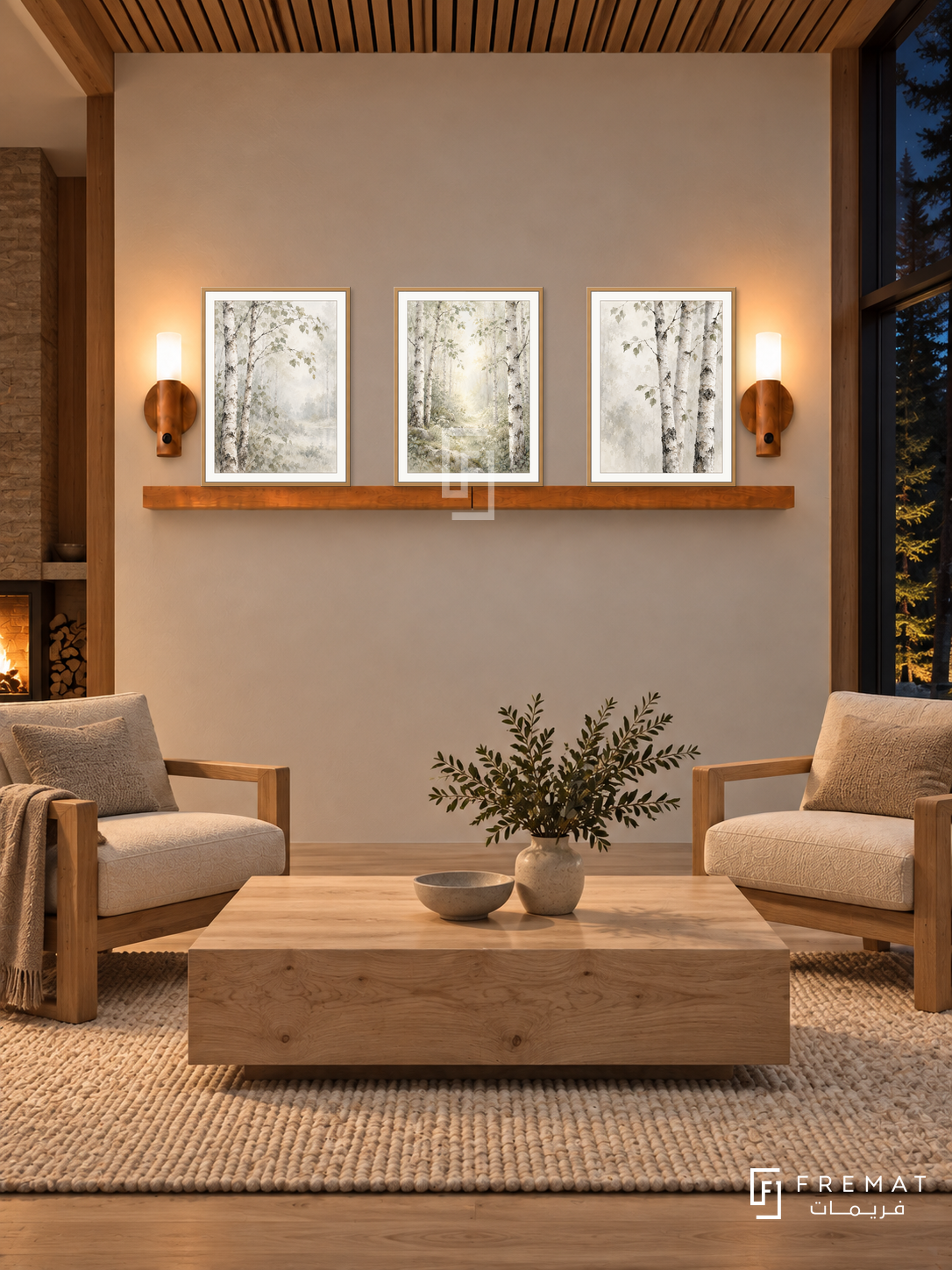 FREMAT Birch Whisper shelf set with three 30 x 40 cm wooden texture frames, 2 cm white borders, honey wood shelf and two warm sensor lamps. Night modern woodland cabin, ivory plaster, pale oak armchairs oatmeal cushions, thick rectangular birch table, wool rug, forest window right and slatted timber ceiling.