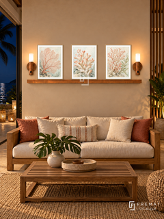 FREMAT Coral Garden shelf set with three 30 x 40 cm wooden texture frames, 2 cm white borders, honey wood shelf and two warm sensor lamps. Night tropical coastal lounge, sandy wall, teak sofa cream and coral cushions, low wooden slatted coffee table, woven rug, sea terrace left, timber screen right.