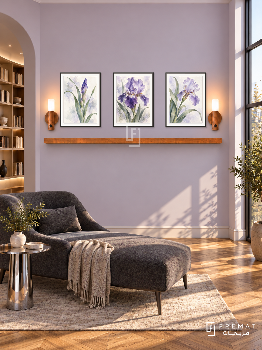 FREMAT Iris Poetry shelf set with three 30 x 40 cm black frames, 2 cm white borders, honey wood shelf and two warm sensor lamps. Morning Art Deco reading room, pale lavender wall, charcoal chaise on left, chrome side table, geometric oak flooring, tall corner window right, curved library passage left.