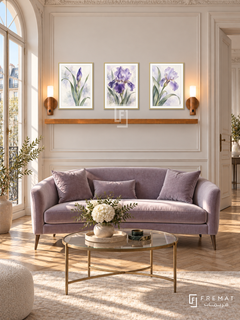 FREMAT Iris Poetry shelf set with three 30 x 40 cm gold frames, 2 cm white borders, honey wood shelf and two warm sensor lamps. Morning Parisian reception, ivory moulded wall, lilac velvet loveseat, antique brass glass table, chevron parquet, arched French window left and double doors right.