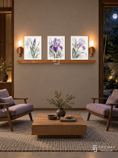 FREMAT Iris Poetry shelf set with three 30 x 40 cm wooden texture frames, 2 cm white borders, honey wood shelf and two warm sensor lamps. Night Japanese-inspired sitting room, mushroom wall, walnut lounge chairs with lavender cushions, low square oak table, woven grey rug, moonlit bamboo garden right.