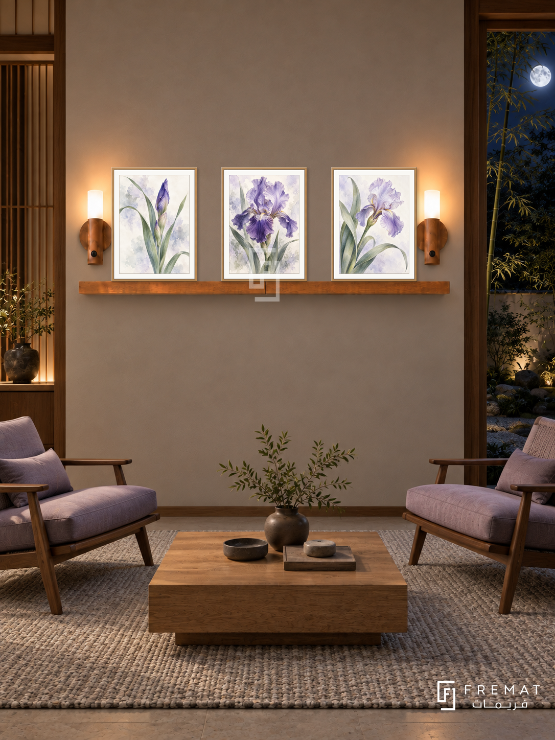 FREMAT Iris Poetry shelf set with three 30 x 40 cm wooden texture frames, 2 cm white borders, honey wood shelf and two warm sensor lamps. Night Japanese-inspired sitting room, mushroom wall, walnut lounge chairs with lavender cushions, low square oak table, woven grey rug, moonlit bamboo garden right.