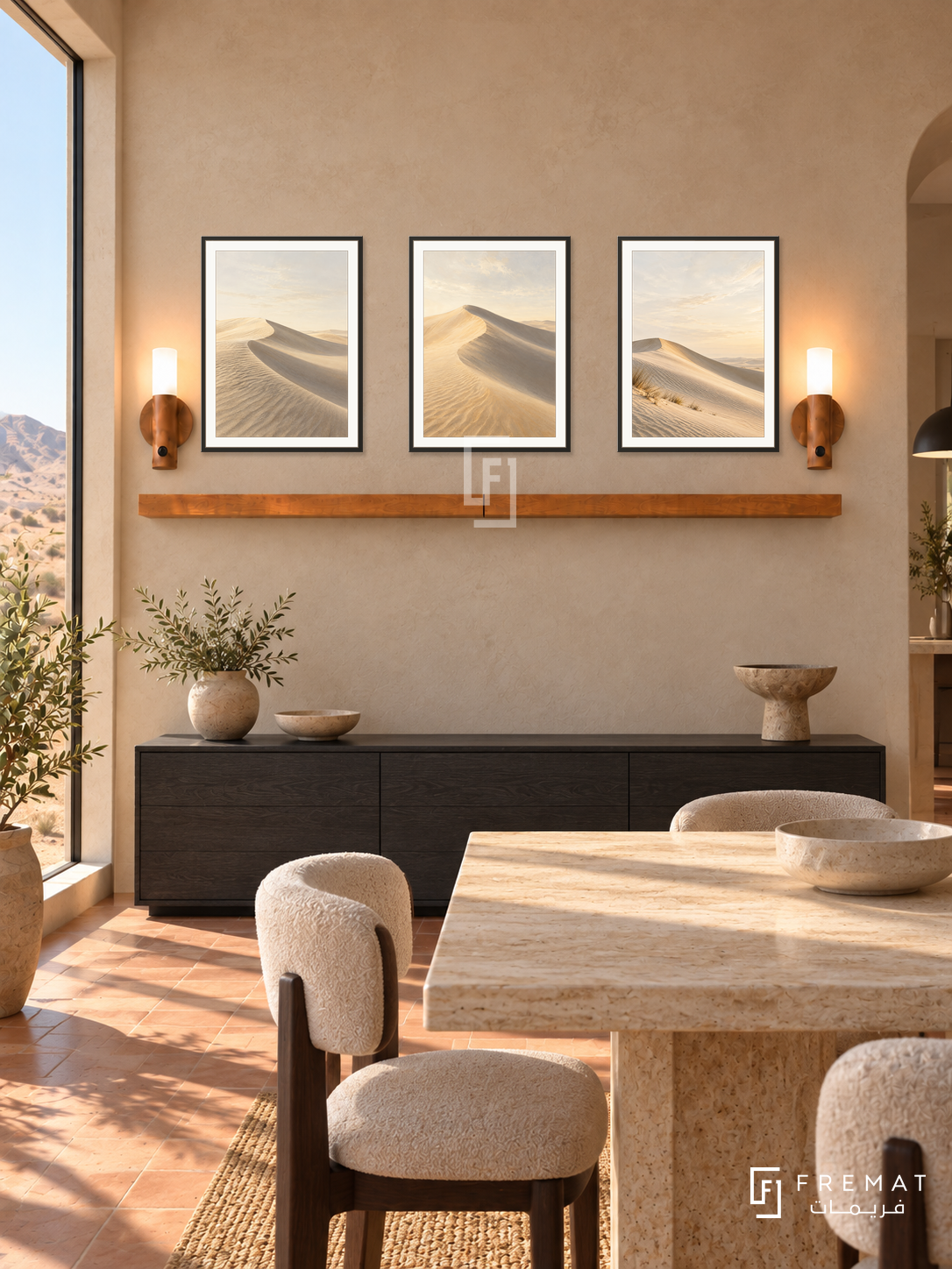 FREMAT Dune Silence shelf set with three 30 x 40 cm black frames, 2 cm white borders, honey wood shelf and two warm sensor lamps. Morning desert modern dining room, sand plaster wall, low black oak sideboard below shelf, travertine dining table edge foreground, terracotta floor, huge dune-facing window left.