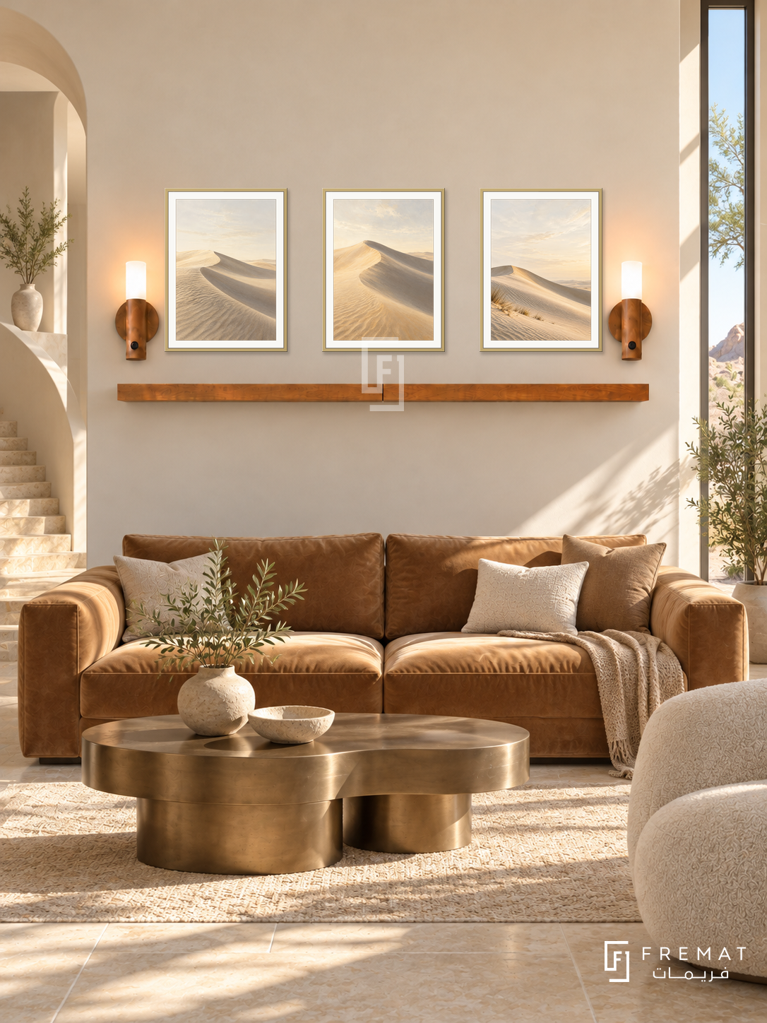 FREMAT Dune Silence shelf set with three 30 x 40 cm gold frames, 2 cm white borders, honey wood shelf and two warm sensor lamps. Morning elegant desert lounge, warm cream panels, camel velvet sofa, bronze sculptural table, pale stone tile, narrow vertical windows right and curved stair opening left.