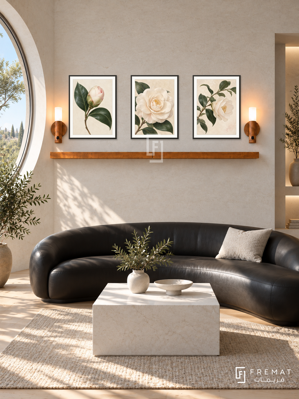 FREMAT Camellia Ivory shelf set with three 30 x 40 cm black frames, 2 cm white borders, honey wood shelf and two warm sensor lamps. Morning contemporary gallery living room, ivory limestone wall, black curved leather sofa, white cube table, pale oak flooring, circular window left and deep rectangular alcove right.