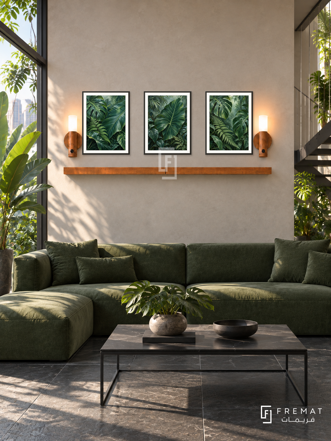 FREMAT Rainforest Layers shelf set with three 30 x 40 cm black frames, 2 cm white borders, honey wood shelf and two warm sensor lamps. Morning urban conservatory lounge, warm concrete wall, deep green modular sofa, black metal coffee table, dark slate floor, tropical garden window left, steel stair at far right.