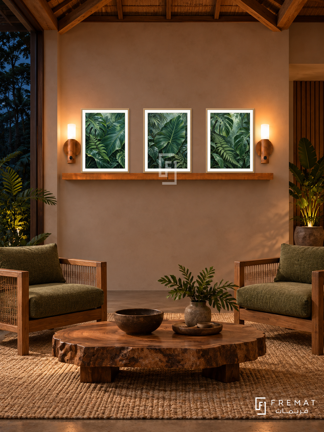 FREMAT Rainforest Layers shelf set with three 30 x 40 cm wooden texture frames, 2 cm white borders, honey wood shelf and two warm sensor lamps. Night rainforest retreat living room, clay wall, teak armchairs with moss cushions, low timber slab table, natural fibre rug, dark jungle view left, timber vaulted ceiling.