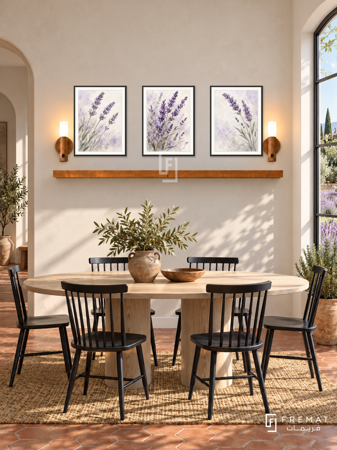 FREMAT Lavender Field shelf set with three 30 x 40 cm black frames, 2 cm white borders, honey wood shelf and two warm sensor lamps. Morning Provence modern dining nook, warm off-white wall, black spindle chairs and oval ash dining table below shelf, terracotta hexagonal tile, lavender garden window right, arched door left.