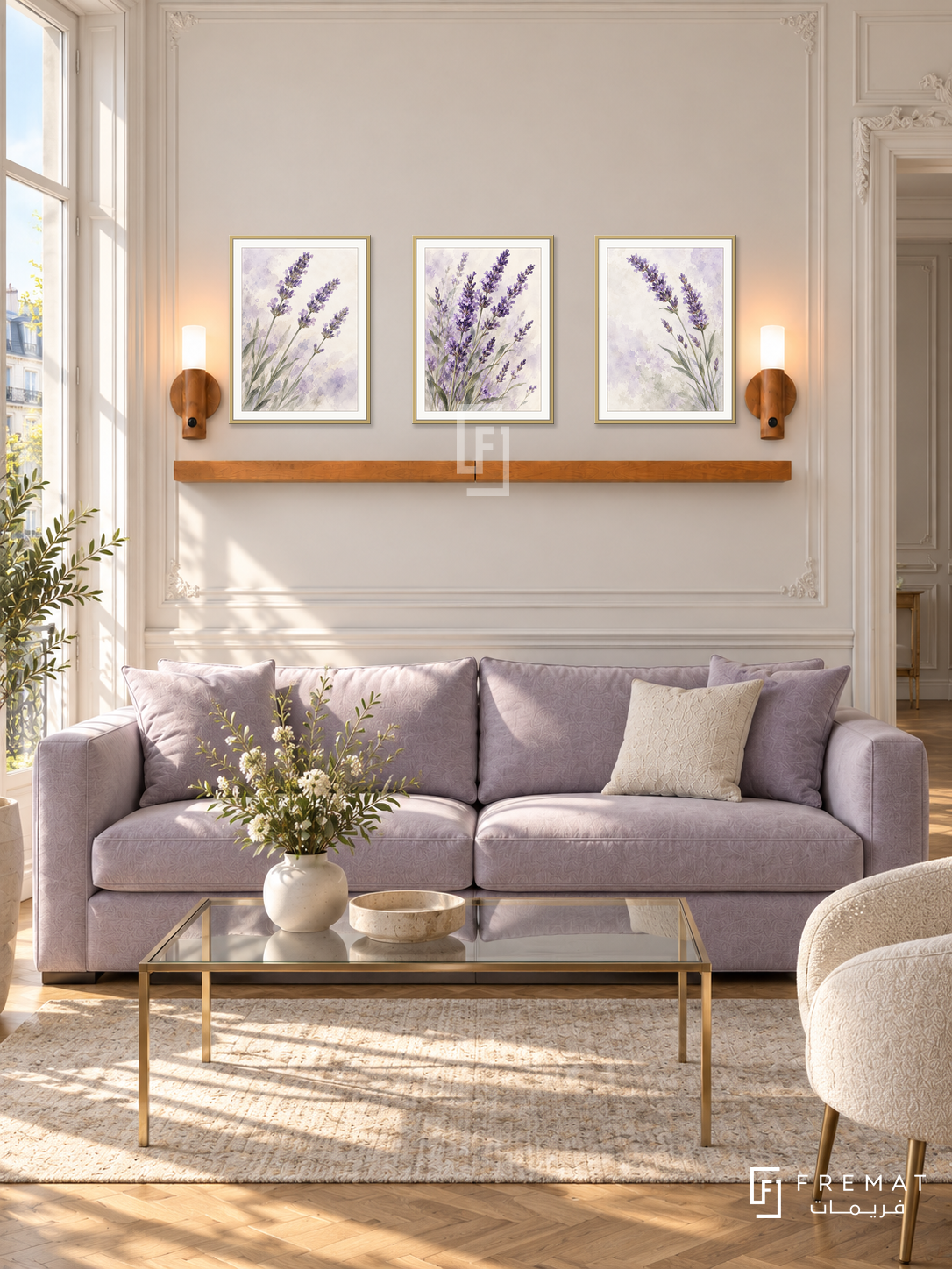 FREMAT Lavender Field shelf set with three 30 x 40 cm gold frames, 2 cm white borders, honey wood shelf and two warm sensor lamps. Morning refined French sitting room, pale cream wall panels, dusty lavender sofa, gold slim-legged glass table, oak parquet, tall casement window left, carved doorway right.