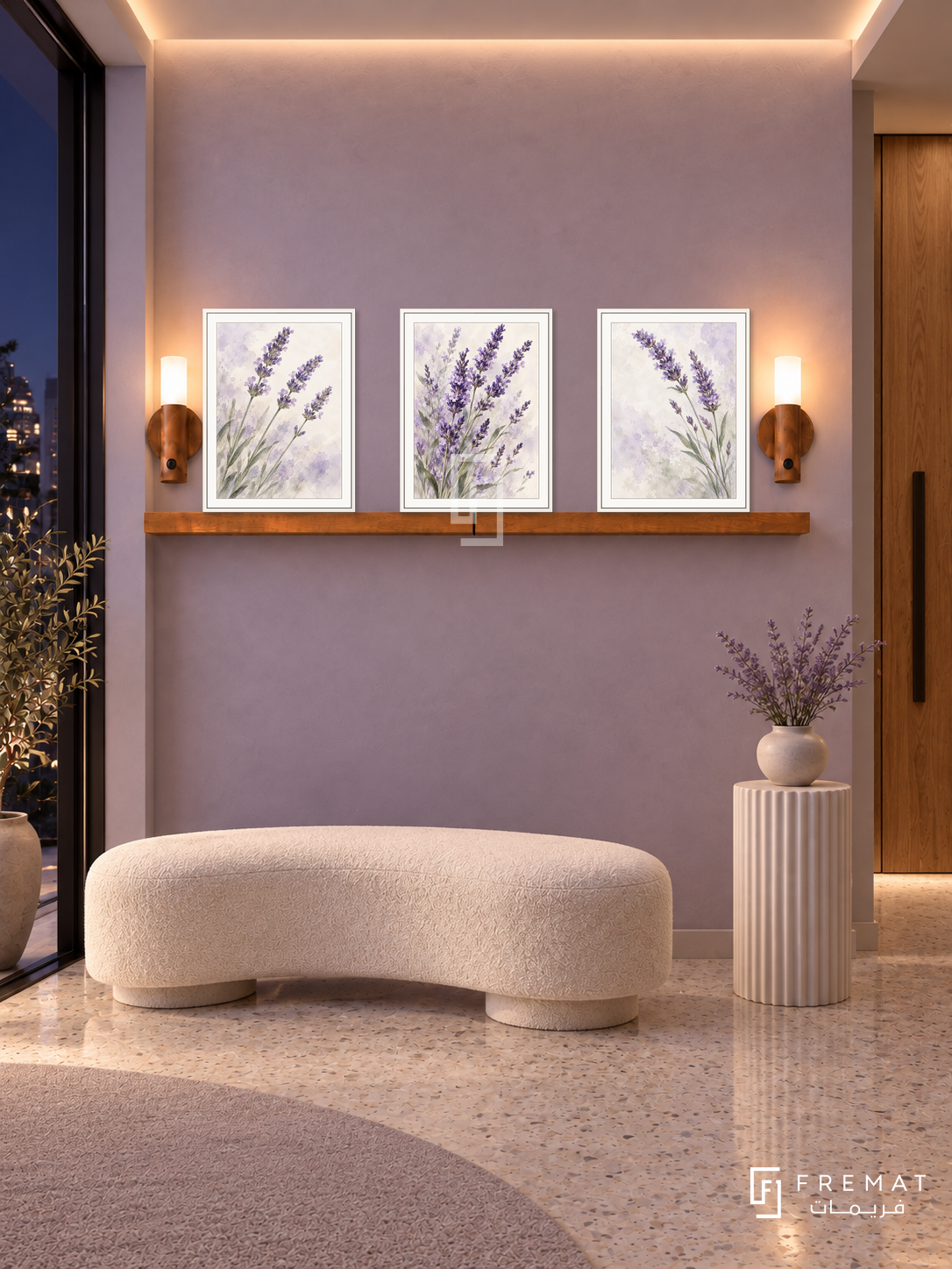 FREMAT Lavender Field shelf set with three 30 x 40 cm white frames, 2 cm white borders, honey wood shelf and two warm sensor lamps. Night lavender-toned apartment reception, lilac plaster, ivory curved bench, ribbed white pedestal, light terrazzo, dark balcony opening left and tall oak door right, gentle warm ceiling wash.