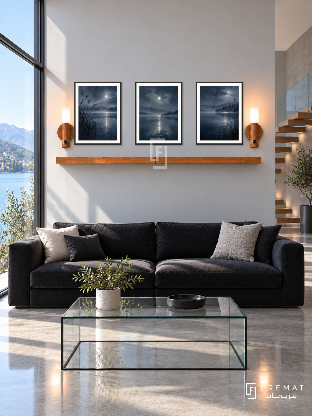 FREMAT Moonlit Lake shelf set with three 30 x 40 cm black frames, 2 cm white borders, honey wood shelf and two warm sensor lamps. Morning lakeside modern lounge, silver-grey wall, black low sofa, glass cube table, polished concrete floor, blue lake view left and floating staircase right.