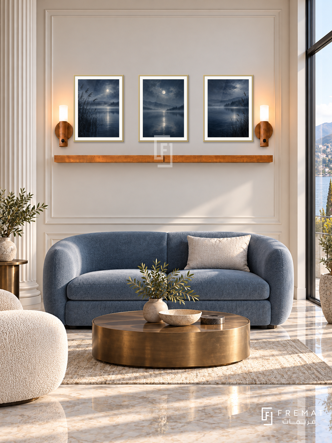 FREMAT Moonlit Lake shelf set with three 30 x 40 cm gold frames, 2 cm white borders, honey wood shelf and two warm sensor lamps. Morning luxurious waterside reception, ivory moulded wall, smoky blue loveseat, bronze circular table, marble floor, tall lake-view window right, fluted column left.