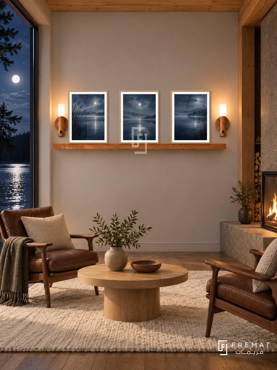 FREMAT Moonlit Lake shelf set with three 30 x 40 cm wooden texture frames, 2 cm white borders, honey wood shelf and two warm sensor lamps. Night Scandinavian lakeside cabin, pale taupe wall, walnut lounge chairs, round oak table, cream wool rug, moonlit water view left, timber ceiling and fireplace right.