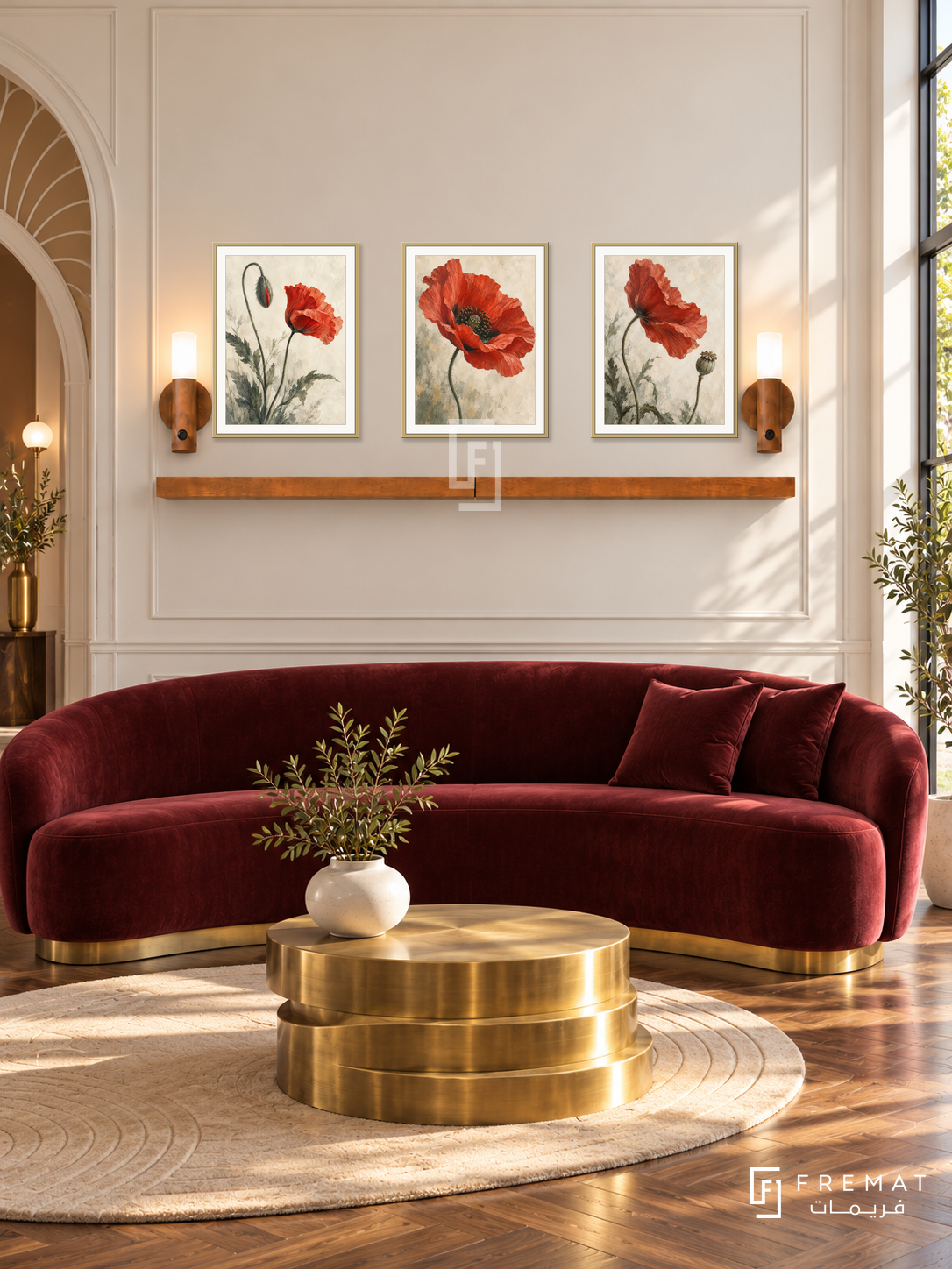FREMAT Poppy Movement shelf set with three 30 x 40 cm gold frames, 2 cm white borders, honey wood shelf and two warm sensor lamps. Morning Art Deco reception, ivory wall with slim moulding, garnet velvet curved sofa, brass stepped table, walnut parquet, fan-shaped arch left and window right.
