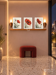 FREMAT Poppy Movement shelf set with three 30 x 40 cm white frames, 2 cm white borders, honey wood shelf and two warm sensor lamps. Night modern entrance, warm blush wall, floating white lacquer console, scarlet stool, terrazzo, city balcony right, tall flush door left, recessed warm lighting.