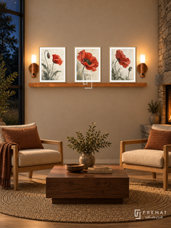 FREMAT Poppy Movement shelf set with three 30 x 40 cm wooden texture frames, 2 cm white borders, honey wood shelf and two warm sensor lamps. Night rustic contemporary reading corner, warm linen wall, oak armchairs with rust cushions, square walnut table, braided rug, dark meadow window left and stone hearth right.