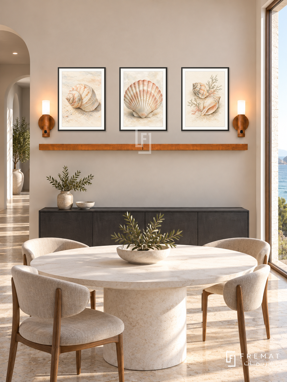 FREMAT Tidal Shells shelf set with three 30 x 40 cm black frames, 2 cm white borders, honey wood shelf and two warm sensor lamps. Morning minimal seaside dining room, pale sand wall, charcoal credenza below shelf, round white dining table foreground, limestone floor, ocean window right, curved hall left.
