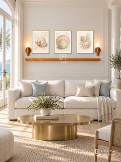 FREMAT Tidal Shells shelf set with three 30 x 40 cm gold frames, 2 cm white borders, honey wood shelf and two warm sensor lamps. Morning elegant coastal drawing room, ivory panels, pearl upholstered sofa, champagne brass oval table, light parquet, ocean French doors left, column right.