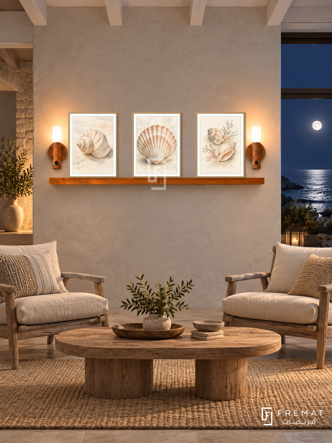 FREMAT Tidal Shells shelf set with three 30 x 40 cm wooden texture frames, 2 cm white borders, honey wood shelf and two warm sensor lamps. Night coastal cottage sitting room, soft stone wall, driftwood lounge chairs with oatmeal cushions, oval timber table, sisal rug, moonlit sea window right, white beams.