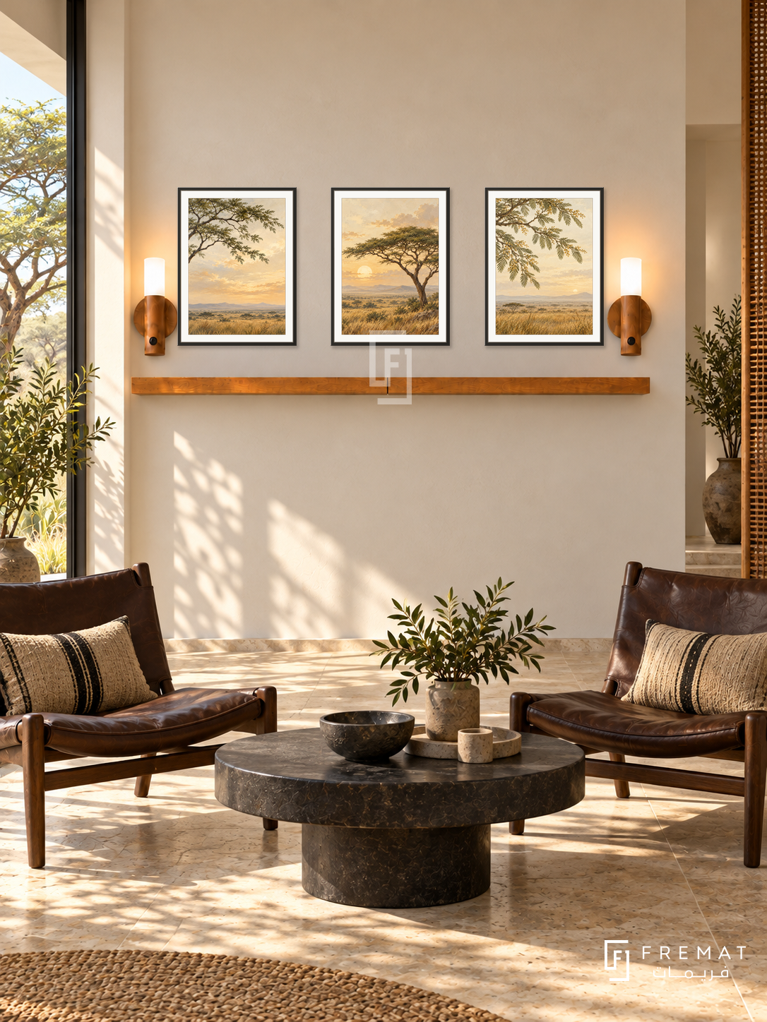 FREMAT Acacia Horizon shelf set with three 30 x 40 cm black frames, 2 cm white borders, honey wood shelf and two warm sensor lamps. Morning African contemporary sitting room, warm ivory wall, dark leather safari chairs, round black stone table, limestone floor, acacia garden window left, woven screen at far right.