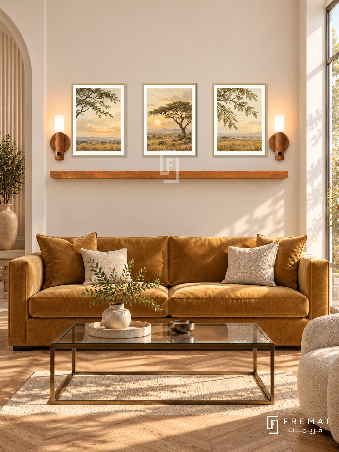 FREMAT Acacia Horizon shelf set with three 30 x 40 cm gold frames, 2 cm white borders, honey wood shelf and two warm sensor lamps. Morning elegant warm reception, pale champagne wall, ochre velvet sofa, bronze rectangular glass table, oak chevron floor, sunny tall window right and fluted arch left.