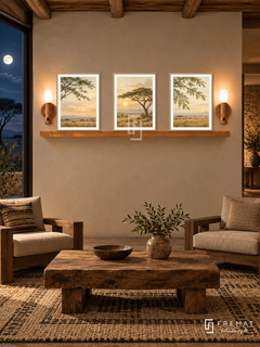 FREMAT Acacia Horizon shelf set with three 30 x 40 cm wooden texture frames, 2 cm white borders, honey wood shelf and two warm sensor lamps. Night earth-toned lodge, cream adobe wall, solid walnut chairs with sand cushions, raw wood coffee table, patterned natural rug, moonlit savanna window left, timber ceiling.