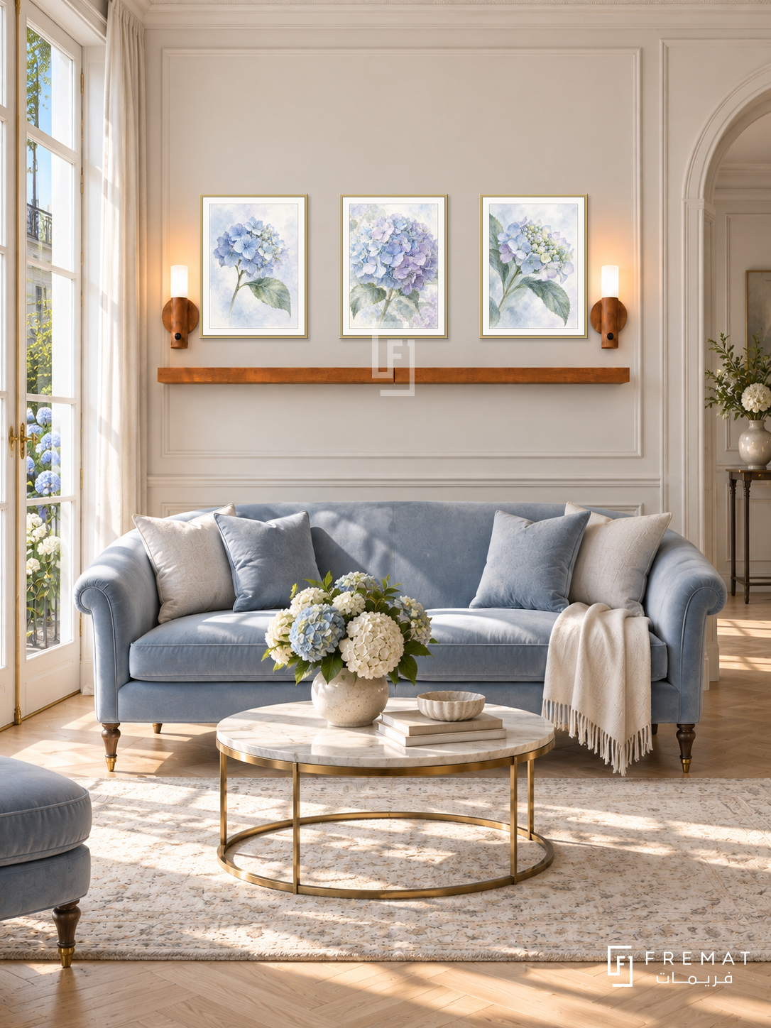 FREMAT Hydrangea Mist shelf set with three 30 x 40 cm gold frames, 2 cm white borders, honey wood shelf and two warm sensor lamps. Morning neoclassical salon, cream panels, powder-blue velvet settee, brass circular table, pale herringbone floor, French doors left opening to hydrangeas, arch right.