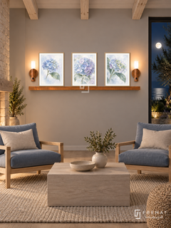 FREMAT Hydrangea Mist shelf set with three 30 x 40 cm wooden texture frames, 2 cm white borders, honey wood shelf and two warm sensor lamps. Night coastal country lounge, greige wall, oak armchairs with soft blue cushions, square ash table, wool rug, moonlit garden right, exposed pale timber beams.