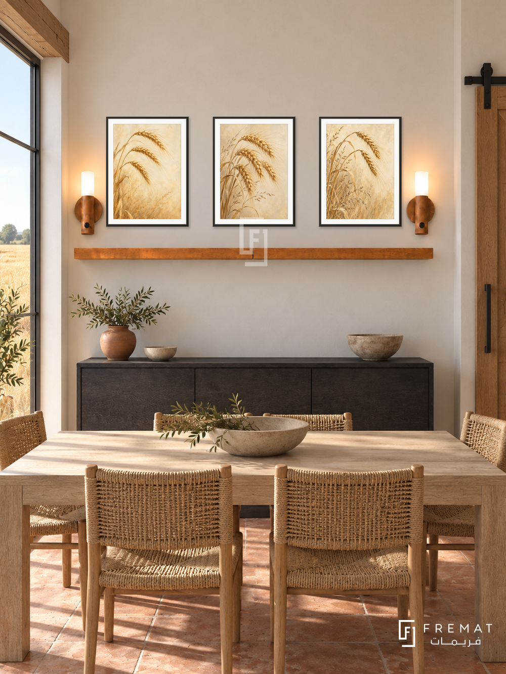 FREMAT Wheat And Wind shelf set with three 30 x 40 cm black frames, 2 cm white borders, honey wood shelf and two warm sensor lamps. Morning modern farmhouse dining space, warm chalk wall, black oak sideboard below shelf, pale timber dining table and woven chairs foreground, terracotta floor, wheat field window left, sliding barn door right.