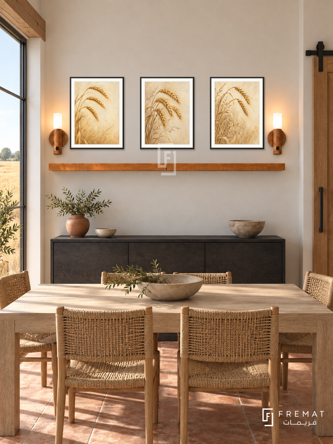 FREMAT Wheat And Wind shelf set with three 30 x 40 cm black frames, 2 cm white borders, honey wood shelf and two warm sensor lamps. Morning modern farmhouse dining space, warm chalk wall, black oak sideboard below shelf, pale timber dining table and woven chairs foreground, terracotta floor, wheat field window left, sliding barn door right.