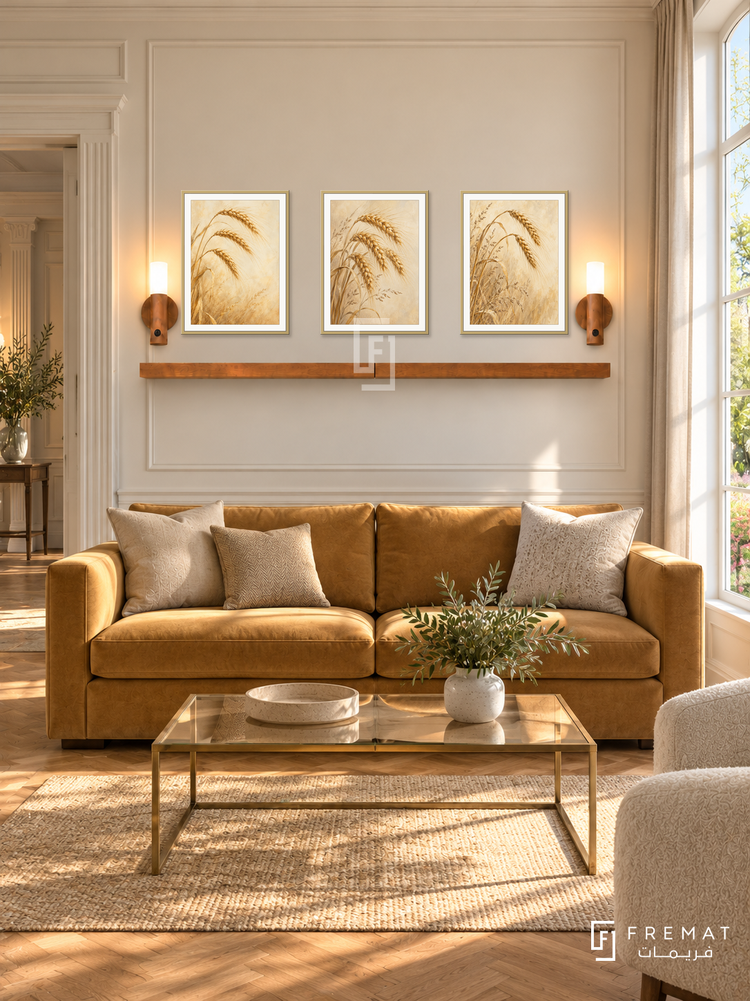 FREMAT Wheat And Wind shelf set with three 30 x 40 cm gold frames, 2 cm white borders, honey wood shelf and two warm sensor lamps. Morning refined countryside reception, cream wall panels, golden ochre sofa, brass glass rectangular table, oak parquet, tall window right, classical doorway left.