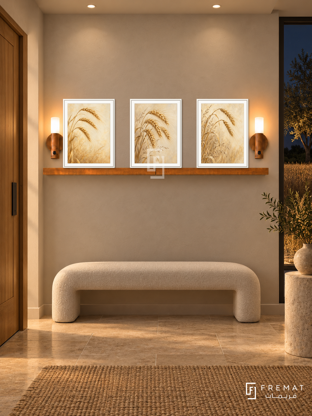 FREMAT Wheat And Wind shelf set with three 30 x 40 cm white frames, 2 cm white borders, honey wood shelf and two warm sensor lamps. Night contemporary country entrance, oatmeal plaster wall, ivory rounded bench, limestone pedestal, warm stone floor, dark wheat field window right, oak door left, soft recessed ceiling light.
