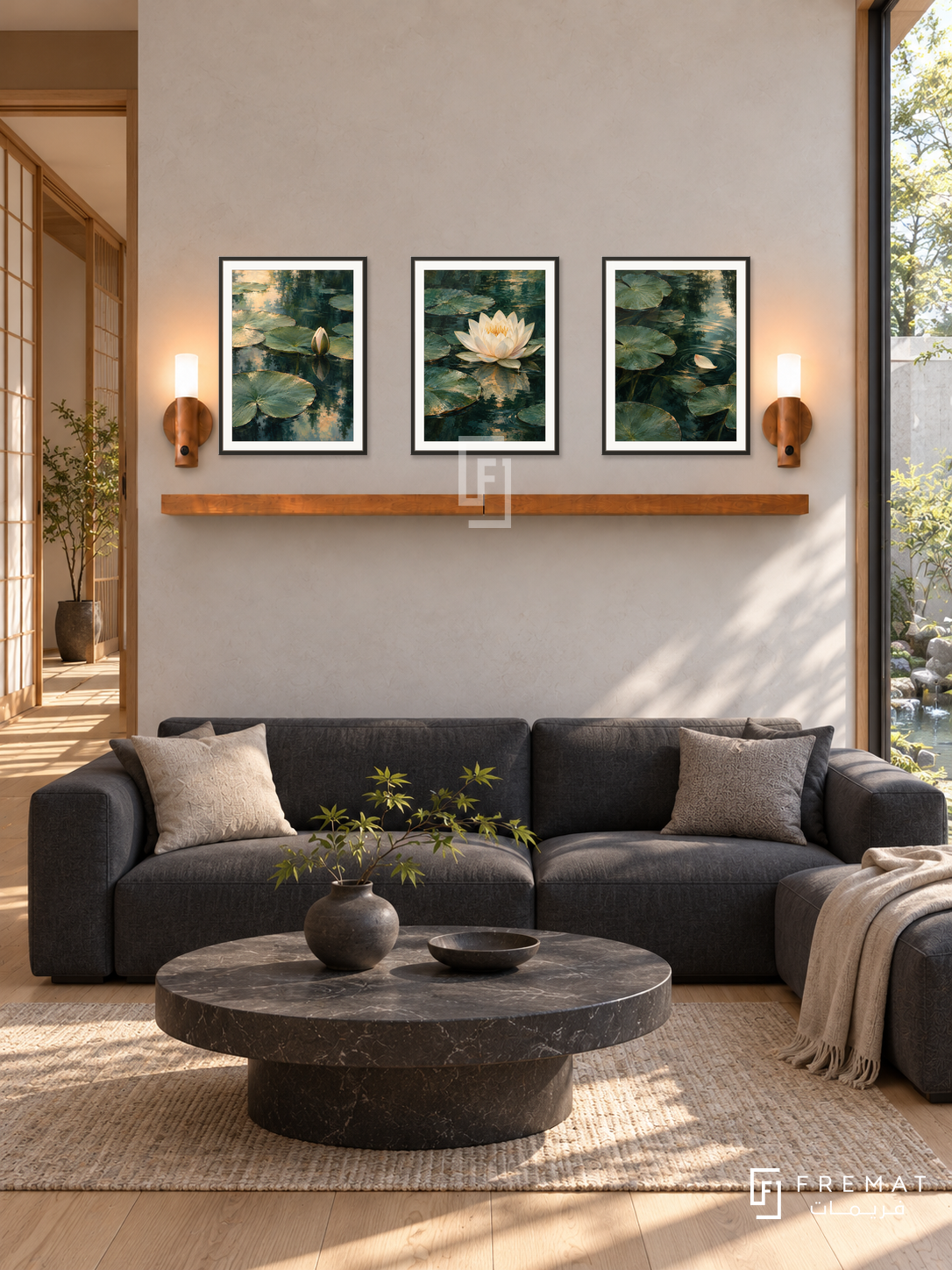 FREMAT Waterlily Reflections shelf set with three 30 x 40 cm black frames, 2 cm white borders, honey wood shelf and two warm sensor lamps. Morning Japanese modern living room, pale stone wall, charcoal low sofa, circular dark stone table, light oak floor, water garden window right, shoji passage left.