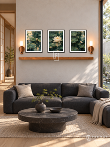 FREMAT Waterlily Reflections shelf set with three 30 x 40 cm black frames, 2 cm white borders, honey wood shelf and two warm sensor lamps. Morning Japanese modern living room, pale stone wall, charcoal low sofa, circular dark stone table, light oak floor, water garden window right, shoji passage left.