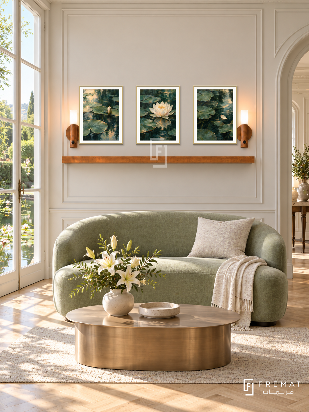 FREMAT Waterlily Reflections shelf set with three 30 x 40 cm gold frames, 2 cm white borders, honey wood shelf and two warm sensor lamps. Morning elegant garden salon, ivory moulding, soft sage curved loveseat, champagne bronze oval table, pale parquet, French windows left facing lily pond, arch right.