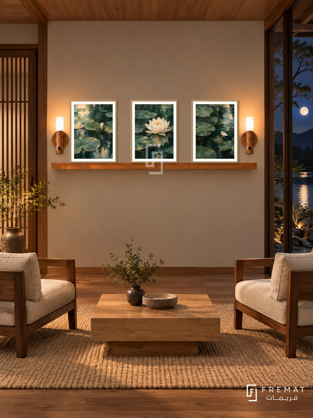 FREMAT Waterlily Reflections shelf set with three 30 x 40 cm wooden texture frames, 2 cm white borders, honey wood shelf and two warm sensor lamps. Night lakeside Japanese retreat, warm greige wall, walnut armchairs with cream cushions, square low oak table, natural rug, moonlit pond window right, timber ceiling and slatted door left.
