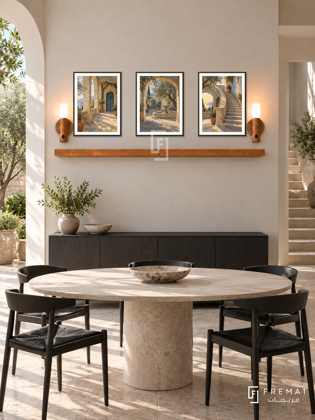 FREMAT Courtyard Journey shelf set with three 30 x 40 cm black frames, 2 cm white borders, honey wood shelf and two warm sensor lamps. Morning contemporary courtyard dining room, ivory plaster wall, charcoal credenza below shelf, oval stone table with black chairs foreground, limestone floor, leafy courtyard arch left and stairs right.