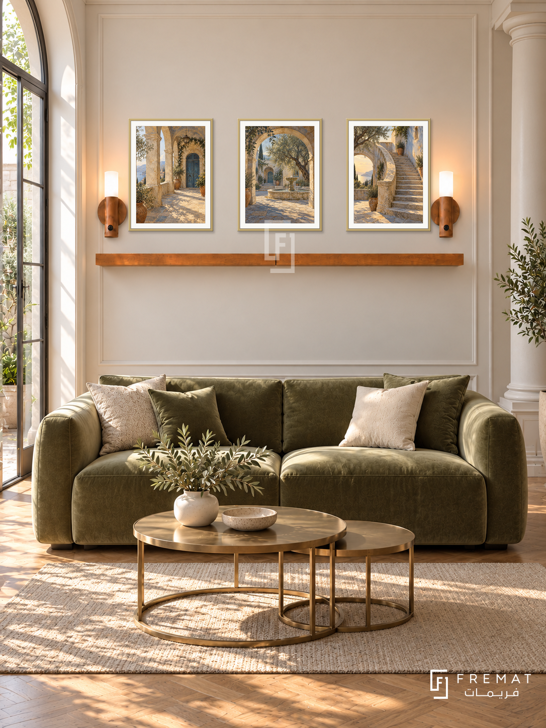 FREMAT Courtyard Journey shelf set with three 30 x 40 cm gold frames, 2 cm white borders, honey wood shelf and two warm sensor lamps. Morning refined courtyard reception, cream moulded wall, olive velvet sofa, brass nesting tables, parquet, French doors left to courtyard, column right.